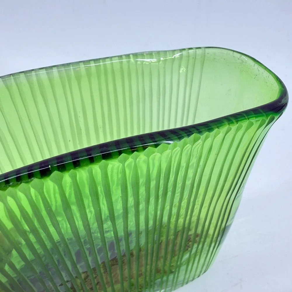 Art Glass Vase Decorative Vase Green Ribbed Hand Blown Slim Rectangular Fluted